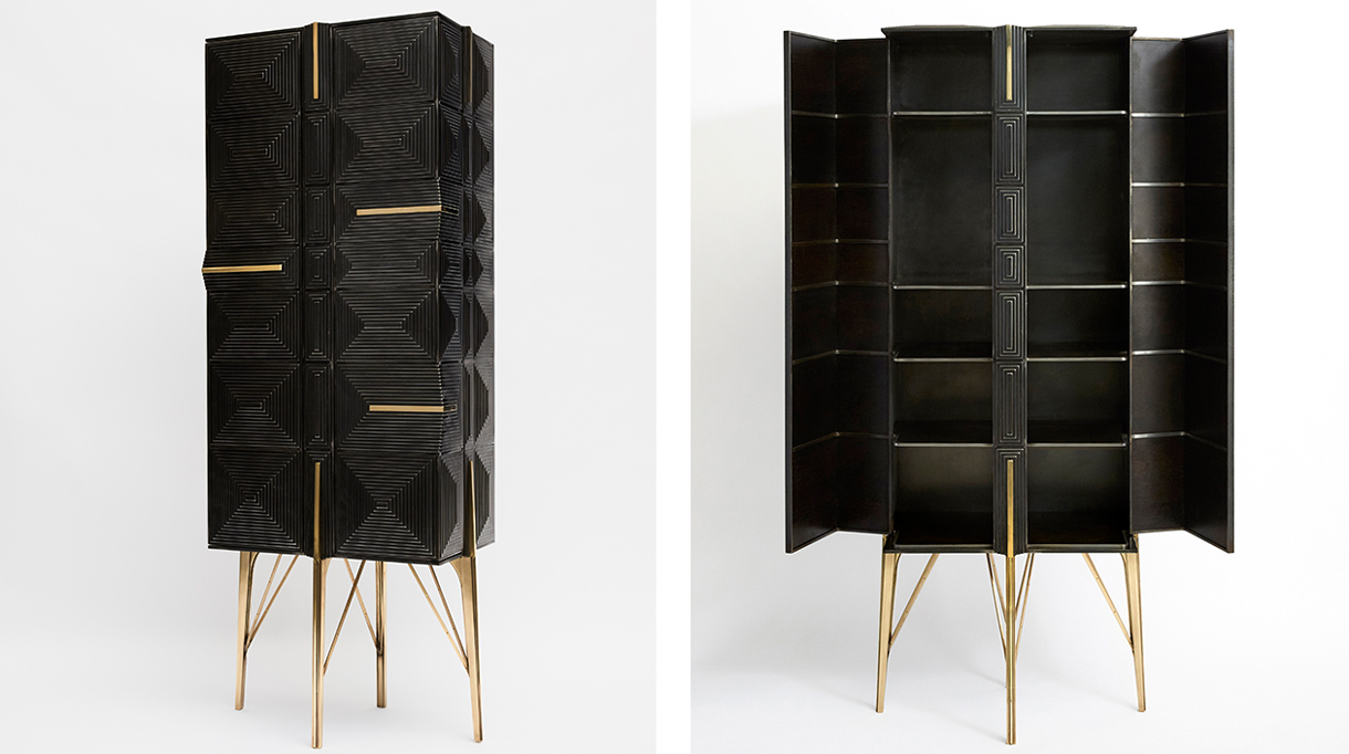 erwan boulloud - designer - sculpteur de mobilier - savoir faire francais - meuble bar en acier noir et laiton - signatures singulières magazine - magazine digital des talents français