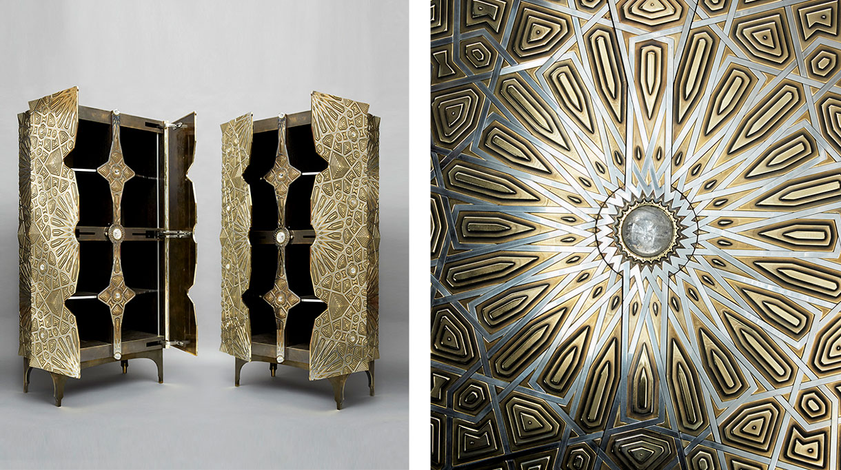 erwan boulloud - designer - sculpteur de mobilier - savoir faire francais - cabinet oriental en laiton massif, inox et cabochons de cristal de roche- signatures Singulières Magazine - magazine digital des talents français