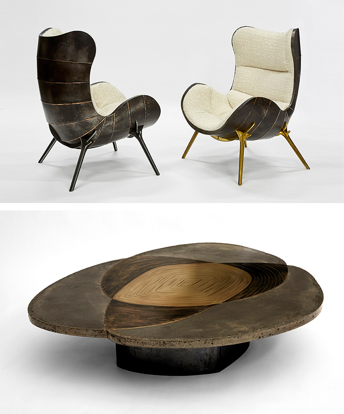 erwan boulloud - designer - sculpteur de mobilier - savoir faire francais - fauteuil en acier patiné - table basse en marqueterie de laiton patiné et béton - signatures singulières magazine - magazine digital des talents français