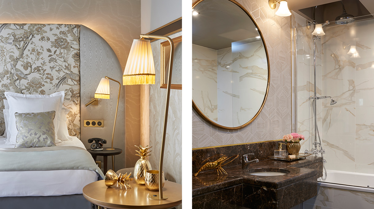 Oscar Lucien Ono - Maison Numéro 20 - Architecte d'intérieur - Maison Nabis - Hôtel à Pigalle - Paris 18ème - Chambre d'hôtel à Paris - Ambiance cosy - Couleurs beige et doré - Salle de bains en marbre - Signatures Singulières Magazine