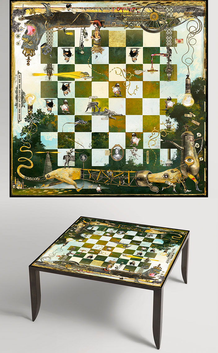 Bruno Mallart - illustrateur - Table basse en acier patiné - plateau en verre - echiquier - Galerie Bayart - Signatures Singulières - Magazine digital des talents Français