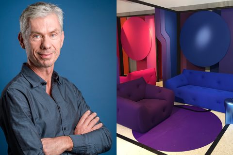 Signatures Singulières. Roche Bobois - Nicolas Roche - Canapé Informel - canapé bleu - Fauteuil violet - Hans Hopfer