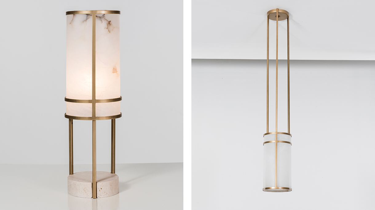 humbert et poyet - architecte d'intérieur - designers - collection de mobilier et luminaire humbert et poyet - lampe à poser en laiton, travertin et albâtre - suspension en laiton et albâtre - signatures Singulières Magazine - magazine digital des talents français