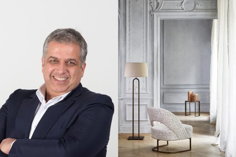 Hugues Chevalier - Frédéric Taieb - Mobilier art déco - Fauteuil en tissu art deco - piétement en métal - Lampadaire finition bronze - Mobilier contemporain - savoir faire Français - Signatures Singulières Magazine