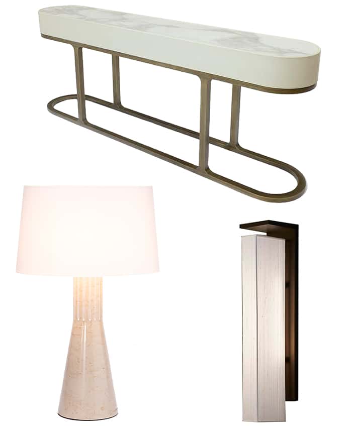 Hugues Chevalier - Frédéric Taieb - Mobilier art déco - hugues chevalier et reda amalou - console avec plateau en marbre blanc - pietement finition bronze - lampe en marbre - applique finition bronze - abat jour d'applique en soie - savoir faire Français - Signatures Singulières Magazine - magazine digital des talents français
