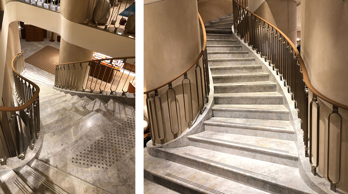 Pouenat - ferronnerie d'art - editeur d'art - Rampe d’escalier en laiton nickelé - boutique Hermès - avenue georges 5 à Paris - escalier en marbre - Signatures Singulières Magazine - magazine digital des talents français