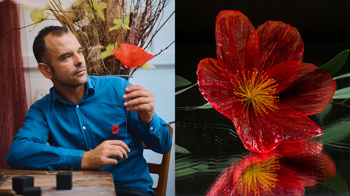 william amor - créateur upcycleur de fleurs artificielles - atelier créations messagères - Artiste plasticien - sacs plastiques recyclés - bouteille plastique recyclées - fleur rouge - coquelicot - savoir-faire français - Singulières - Magazine digital des talents Français