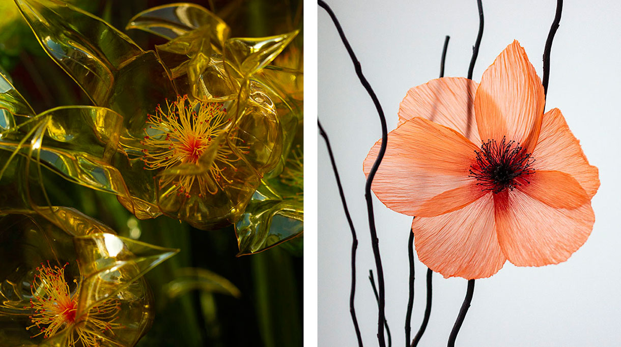 william amor - créateur upcycleur de fleurs artificielles - atelier créations messagères - Artiste plasticien - bouteille plastique recyclées - fleur rouge - coquelicot - Yves Rocher - savoir-faire français - Singulières - Magazine digital des talents Français