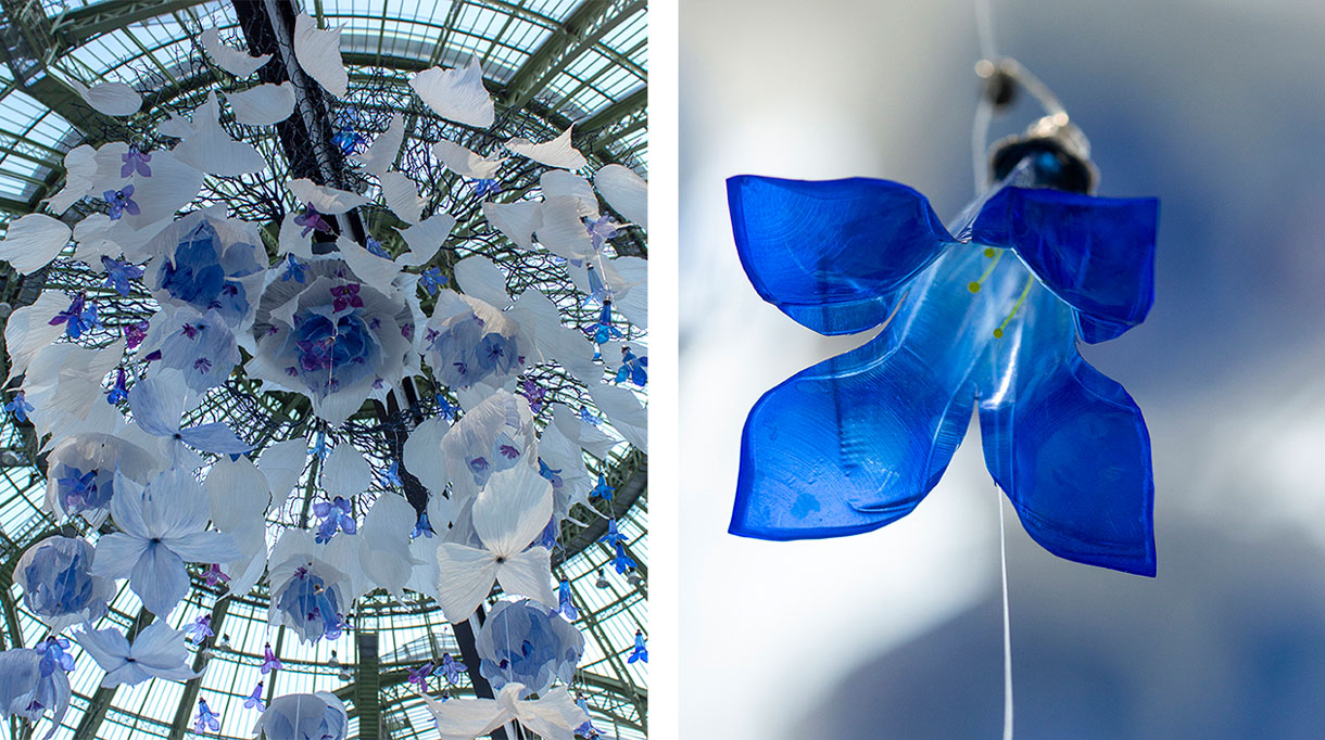 william amor - créateur upcycleur de fleurs artificielles - atelier créations messagères - Artiste plasticien - sacs plastiques recyclés - bouteille plastique recyclées - fleur bleue et blanche -Salon Révélations au Grand Palais - savoir-faire français - Singulières - Magazine digital des talents Français