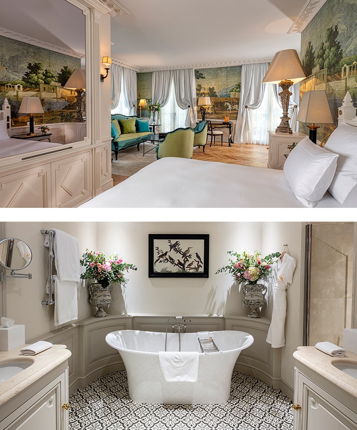 villa saint-ange - hotel, restaurant, spa à aix en provence - hotel 5 étoiles à aix en provence - hotel avec piscine à aix en provence - bastide du XVIIIe siecle - fauteuil jaune et bleu de style Louis XV - papier peint panoramique - peignoir blanc en nid d'abeille - carreau de ciment noir et blanc - signatures Singulières Magazine - magazine digital des talents français