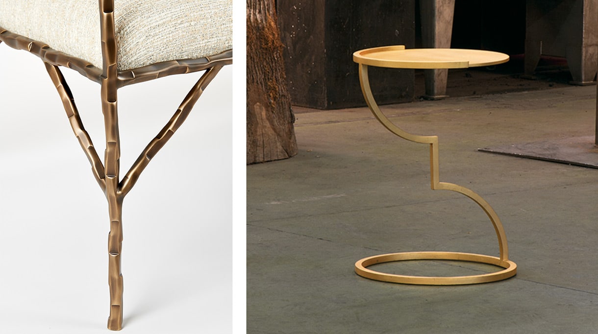 Pouenat - ferronnerie d'art - editeur d'art - banquette en laiton - tissu blanc - laiton patiné - designer Kaki Kroener - guéridon en laiton patiné bronze - designer michel jouannet - Signatures Singulières Magazine - magazine digital des talents français