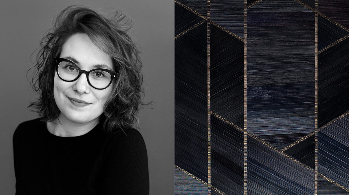 atelier paelis - manon bouvier - marqueterie de paille - panneau de marqueterie de paille noir et doré - meilleur ouvrier de france - paille de seigle - marqueteuse de paille - Signatures Singulières Magazine - magazine digital des talents français