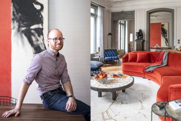 sebastien caron - architecte d'interieur - appartement parisien - Grands Magasins de La Paix - emile zola - Au bonheur des Dames - canapé arrondi orange en velours - tapis blanc tai ping - galerie deprez breheret - canapé donghia - Arts Décoratifs français - signatures Singulières Magazine - magazine digital des talents français