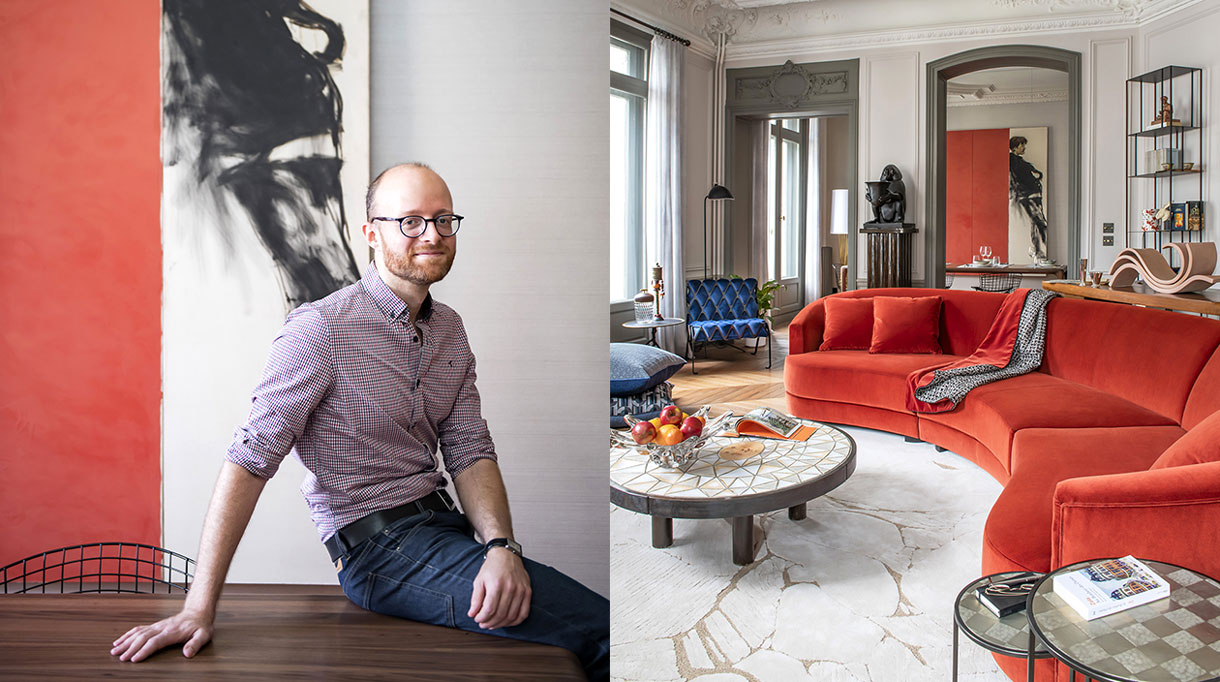 sebastien caron - architecte d'interieur - appartement parisien - Grands Magasins de La Paix - emile zola - Au bonheur des Dames - canapé arrondi orange en velours - tapis blanc tai ping - galerie deprez breheret - canapé donghia - Arts Décoratifs français - signatures Singulières Magazine - magazine digital des talents français