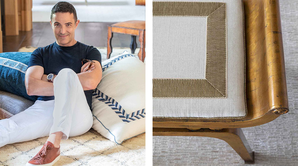 Houlès Passementerie - Galon sur coussin - galon doré - petite banquette dorée - coussin blanc - Villa Kérylos - Michael Aiduss - architecte d'intérieur américain - Signatures Singulières Magazine