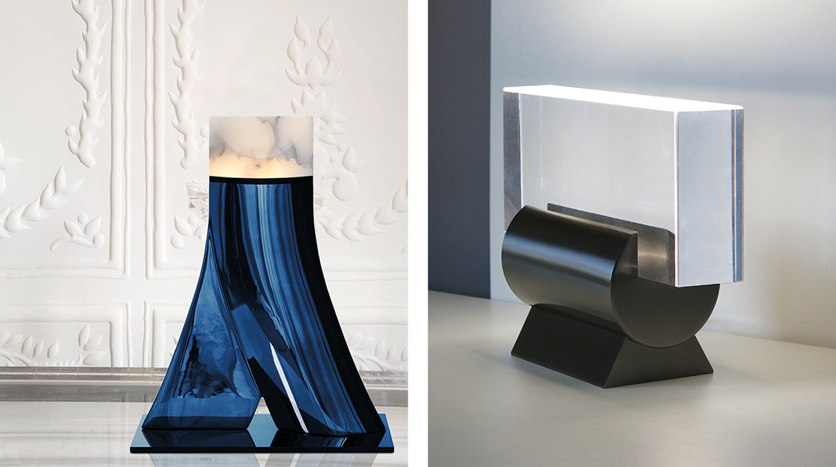 ateliers torsades - roger pradier - lampe en aluminium moulé bleu - lampe en bronze massif, finition canon de fusil - Diffuseur en cristal - lampe en aluminium bleue - Signatures Singulières Magazine magazine