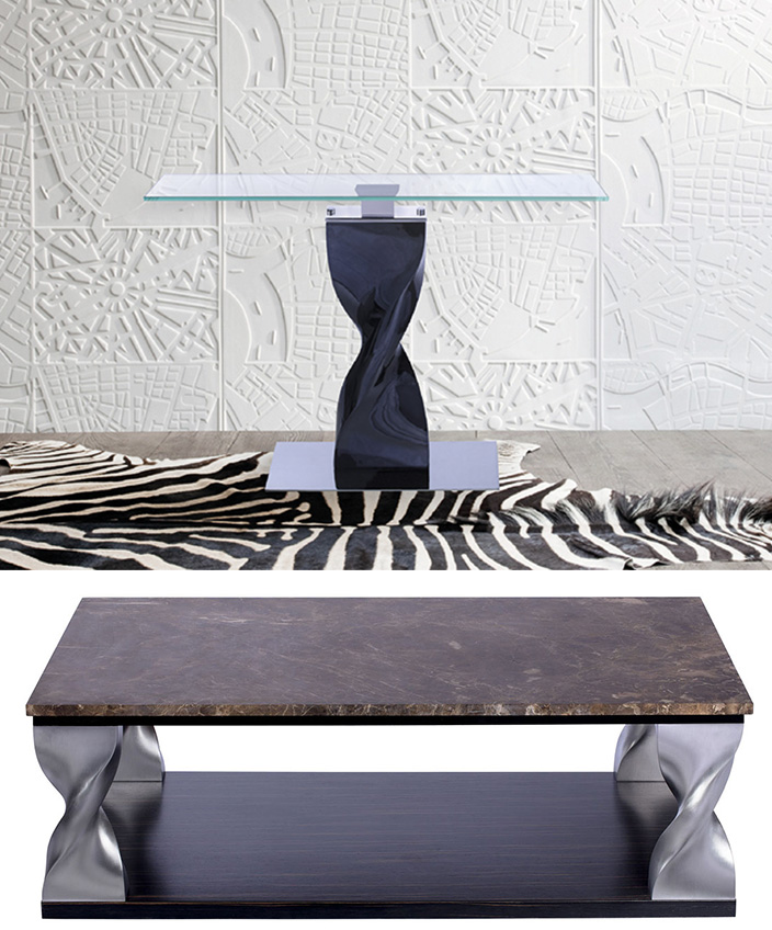 ateliers torsades - roger pradier - console en laque métal bleu - console avec plateau en verre - table basse avec plateau en albâtre - table basse avec pied en aluminium - tapis en peau de zebre - Signatures Singulières Magazine