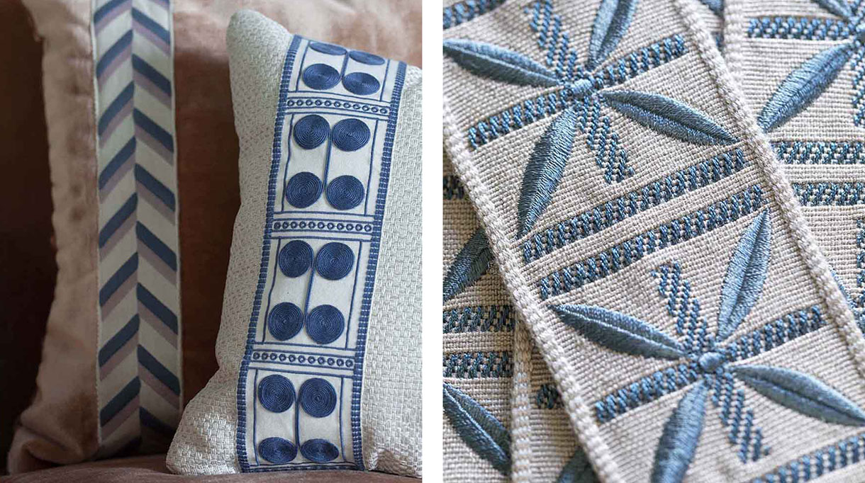 Houlès Passementerie - Galon sur coussin - Villa Kérylos - Michael Aiduss - architecte d'intérieur américain - galon blanc et bleu - coussin blanc - Signatures Singulières Magazine