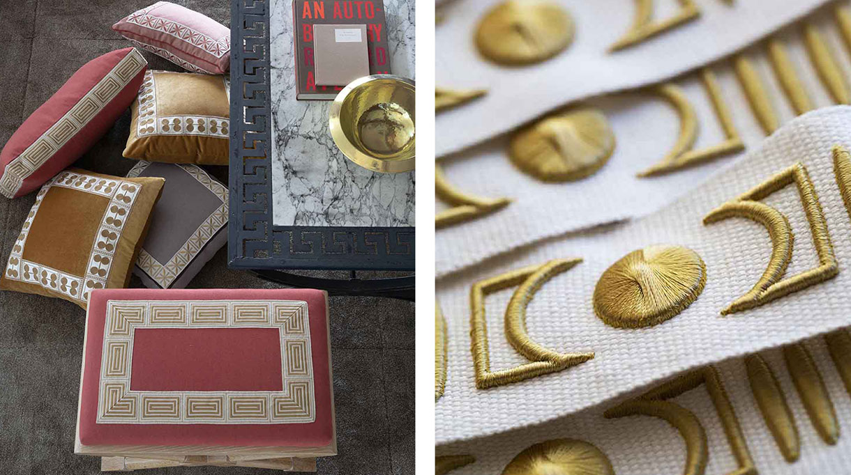 Houlès Passementerie - Galon sur coussin - Villa Keérylos - Michael Aiduss - architecte d'intérieur américain - galon doré - Signatures Singulières - Magazine digital des talents Français