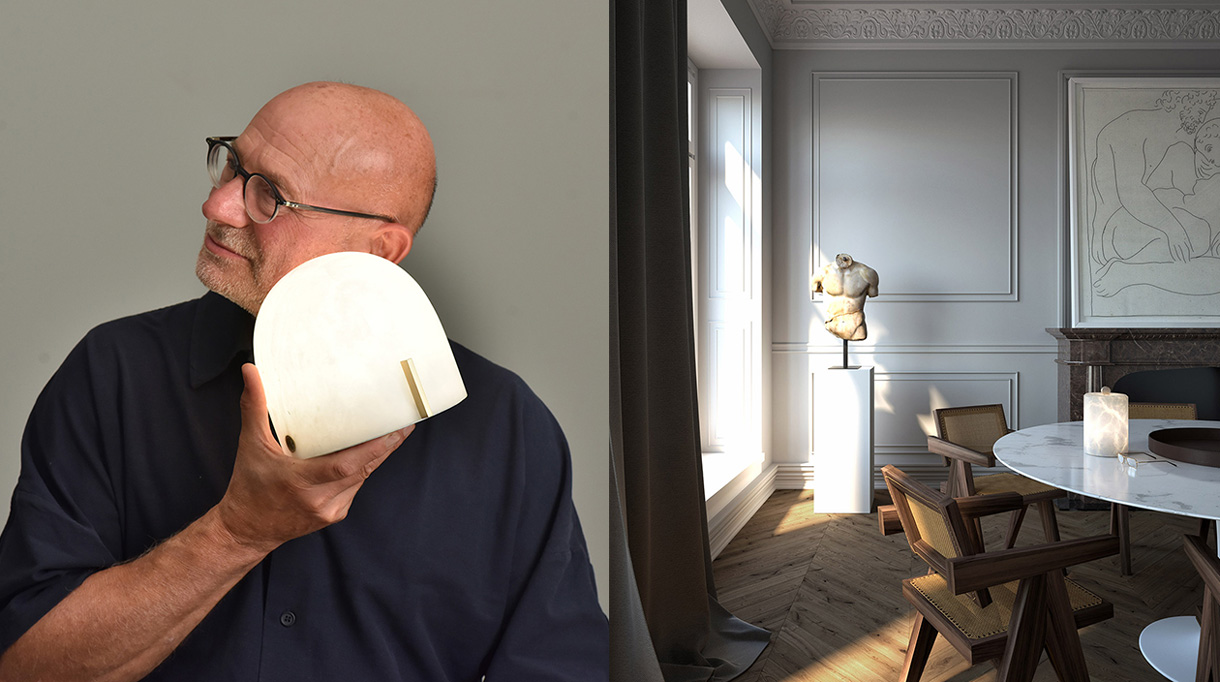 atelier alain ellouz - lampe en albatre - table knoll - chaise pierre jeanneret - signatures singulieres