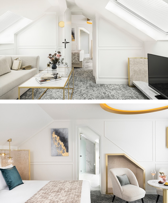Maison Albar Hotels Le Vendome - hotel 5 étoiles à paris - fabien roque architecte d'intérieur - agence roque intérieurs - chambre d'hotel à paris - suite vendome - applique en laiton - suspension en laiton - Marc Dannaud artiste peintre - coussin en velours bleu -Signatures Singulières Magazine - le magazine digital des talents français
