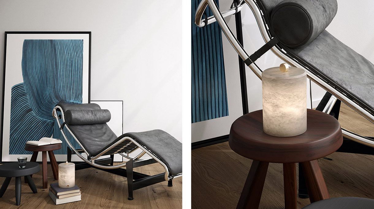 atelier alain ellouz - lampe autonome en albatre - chaise lounge LC4 en cuir noir - Le Corbusier - signatures singulieres