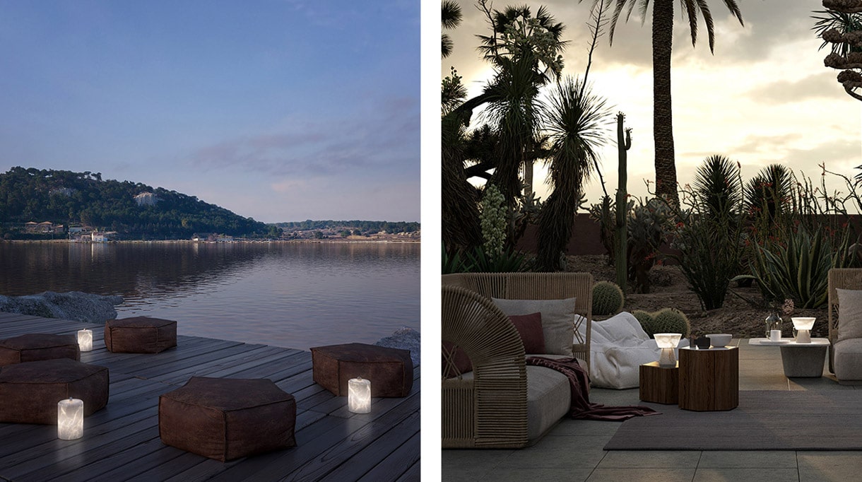 atelier alain ellouz - luminaire outdoor - lampe en albatre - terrasse en teck - savoir faire francais - signatures singulieres magazine