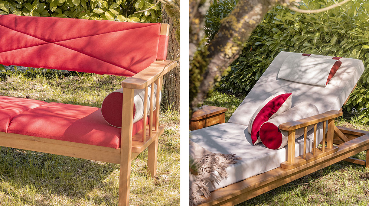 azur confort - bain de soleil outdoor - mobilier outdoor - coussin rouge outdoor - savoir faire francais - signatures singulieres magazine