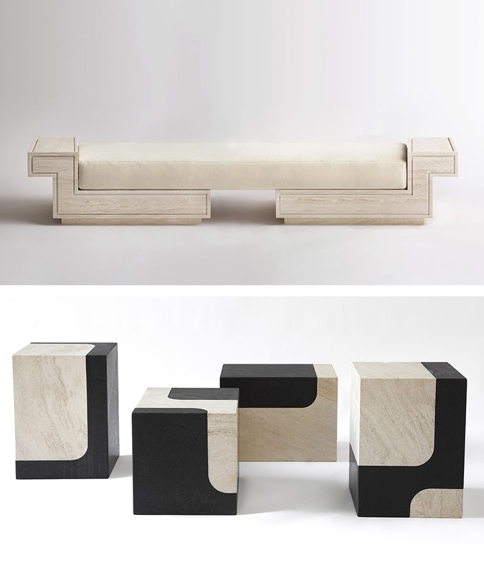 Stéphane Parmentier - signatures singulieres magazine - savoir faire francais - architecte d'interieur - mobilier design - lit de repos en travertin - table d'appoint en travertin