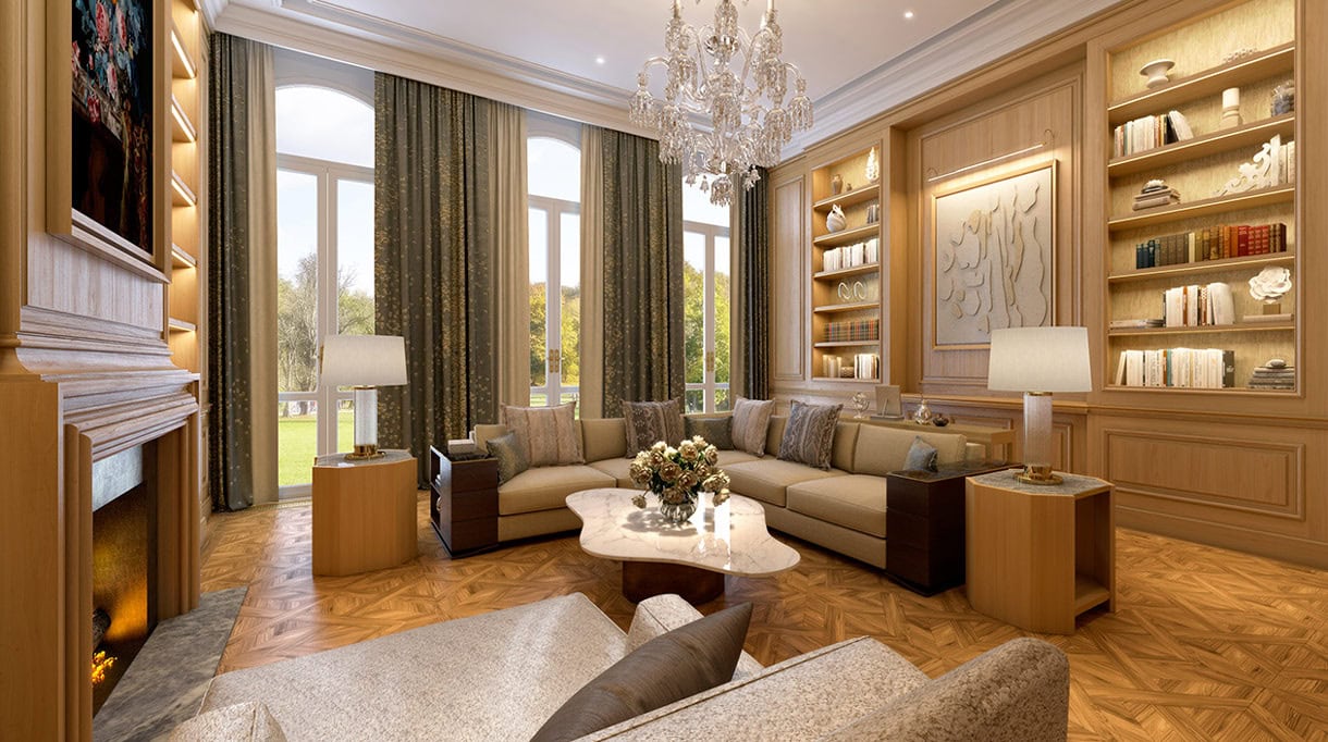 mobilier hugues chevalier -mobilier art déco - lustre baccarat -tendance deco 2025 - boiserie en chene clair